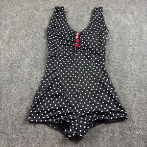 PINKY PINUPS Women’s Vintage Inspired Black/White Polka Dot Romper Swimsuit - S